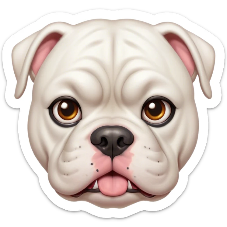 Cinematic Comical White American Bulldog Portrait Emoji, Head tilted dramatically with an exaggeratedly shocked or offended expression, short white fur with a slightly wrinkled forehead, wide, expressive brown eyes filled with exaggerated disbelief, Simplified yet hilariously expressive features, highly detailed, glowing with a slightly sassy glow, high shine, dramatic yet playful, stylized with an air of attitude, bright and endearing, soft glowing outline, capturing the essence of a sassy and over-the-top pup, so meme-worthy it feels like it could side-eye its way into internet fame instantly! sticker