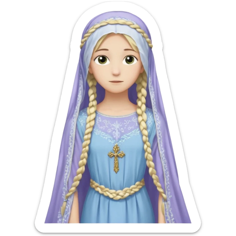 Joven de unos 20 años, de aspecto dulce y elegante.
Piel clara, ojos (pueden ser azules o verdes)
Rubio o castaño claro, largo, con trenzas o velo.
Vestido largo de tonos suaves (blanco, azul o lavanda), con bordados dorados; un manto o toca fina cubriendo la cabeza. Todo el cuerpo sticker
