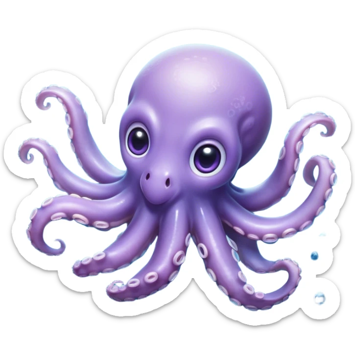 Meme-Worthy Floating Baby Octopus Portrait Emoji, Drifting gracefully in the water with soft, curled tentacles and a dreamy, weightless posture, showcasing a smooth, rounded light blue-purple body with mesmerizingly large, gentle eyes gazing into the abyss, Simplified yet poetically expressive features, highly detailed, glowing with a soft, celestial marine glow, high shine, quiet and mystical, stylized with an air of deep-sea serenity, soft glowing outline, capturing the essence of a tiny, peaceful cephalopod floating endlessly in the infinite beauty of the ocean depths! sticker