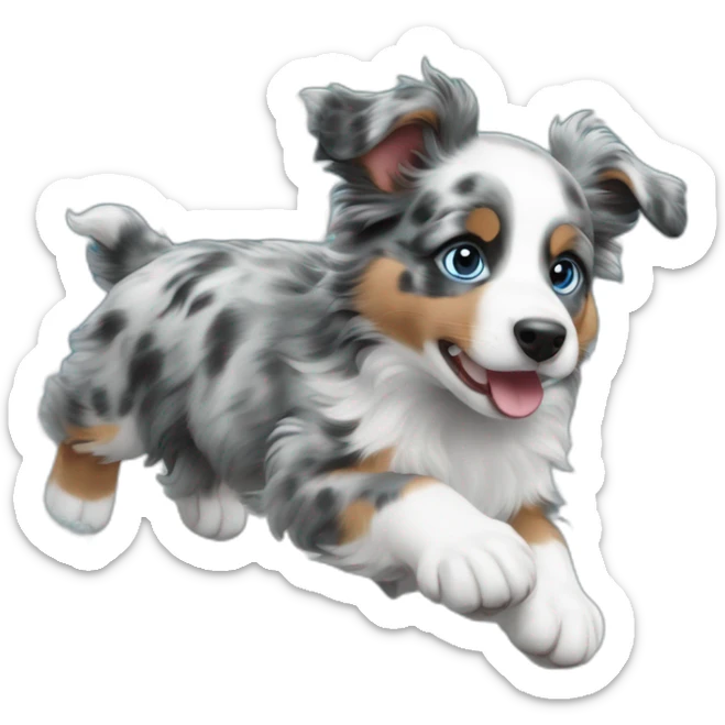 a 5 month old miniature American shepherd puppy, blue merle in color, with blue eyes,  riding a wave sticker