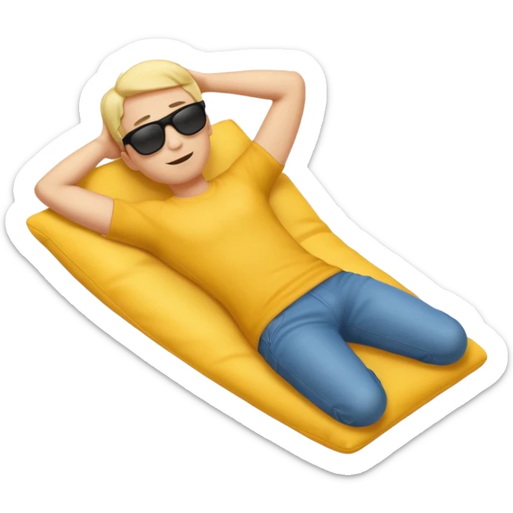 A full-body emoji man, with classic yellow skin tone, lying down or leaning back in a relaxed pose. He is wearing sunglasses and has both arms behind his head. The style should match standard emoji designs (like Apple sticker