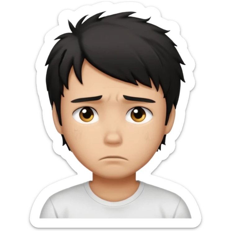 generate a pretty tan bratz boy with black messy hair looking sad. Wearing a white tshirt sticker