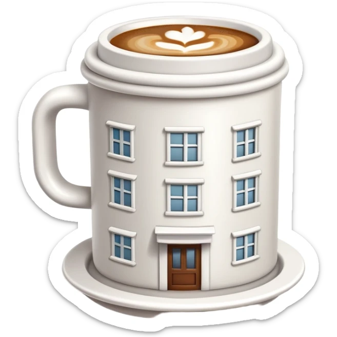 generate realistic detailed building with coffee cup on the top in 3d style sticker