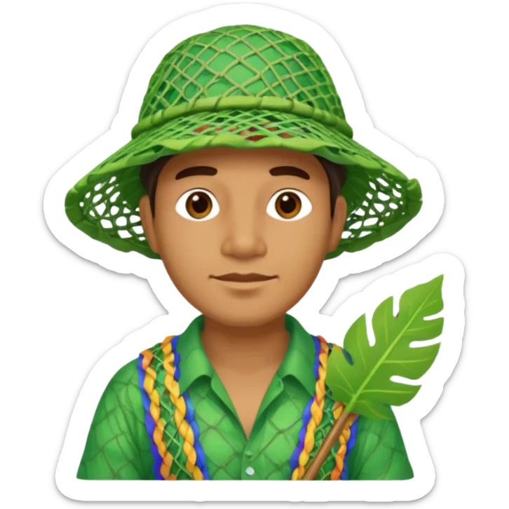 Hawaiian man with colorful cloth and leaf hat green and fishing net sticker