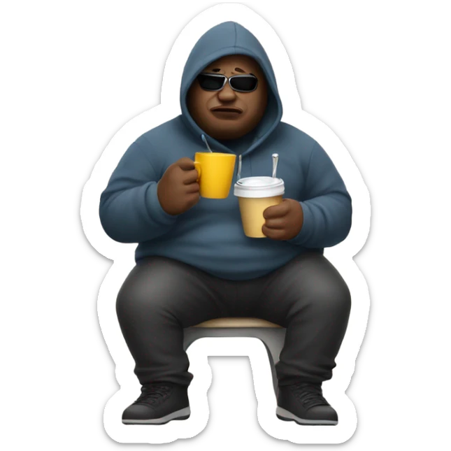 fat guy with hoodie and ski mask with a chain and a cup in his hand  sticker