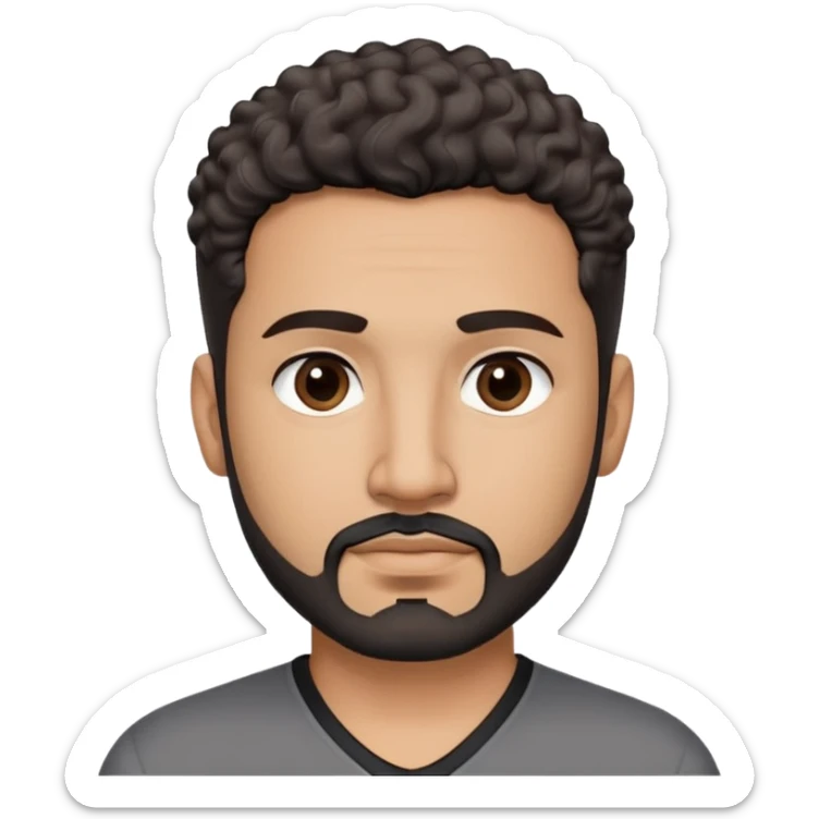 Latino man in his late 40s with light brown skin. Square face with defined jawline. Dark eyes with calm gaze. Short curly dark hair. Black goatee beard with some gray streaks. Wearing a black V-neck shirt. sticker