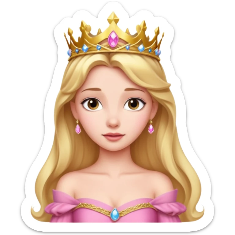 Princess Aurora with a gold tiara, pink off-shoulder dress, gentle expression sticker