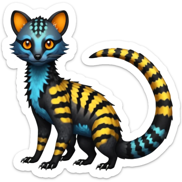 Rare warm-colored exotic edgy epic aesthetic spooky dark modern colorful cyber-Genet-Trico-Salandit-Civet-species-Fakemon-hybrid-creature, with beautiful intricate markings, full body sticker
