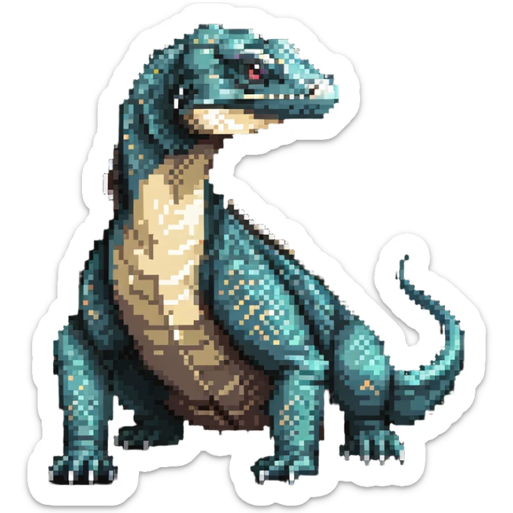 Pixel art komodo dragon with detailed scales and forked tongue sticker