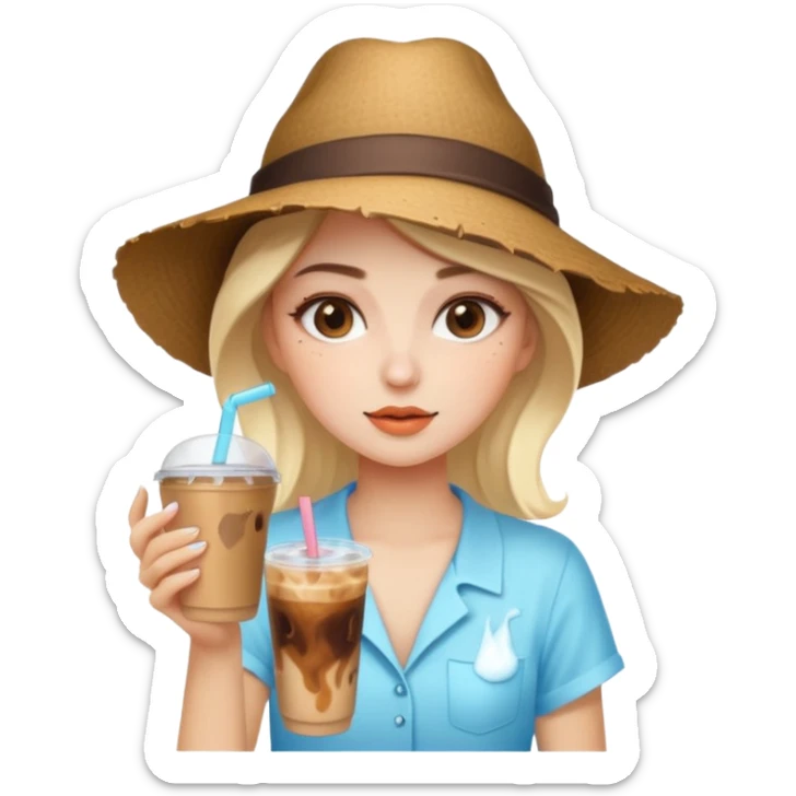 girl getting ready in +40°C heat, melting makeup, iced coffee, sun, hat, fan sticker