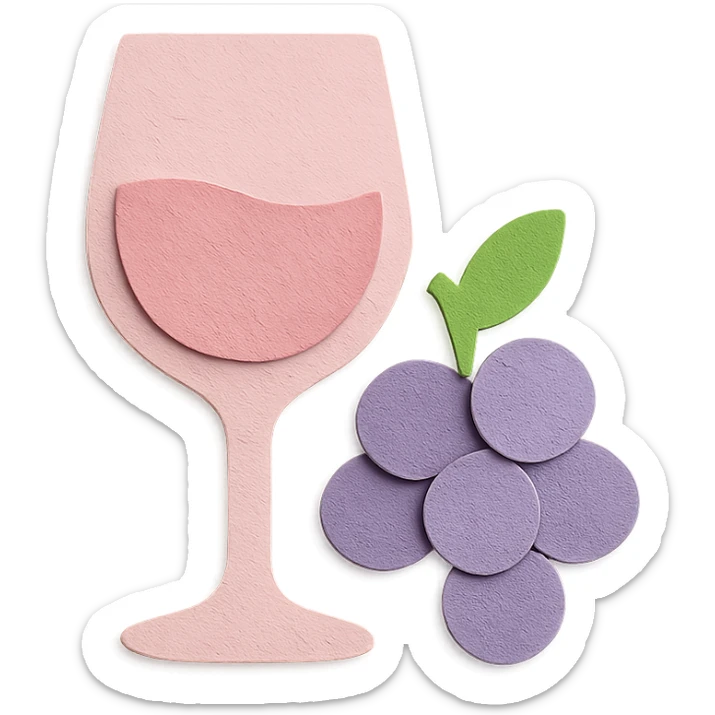 rosé wine icon, paper craft style, light pink wine glass with light purple grapes beside it, no background sticker