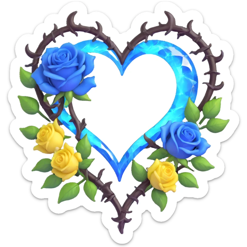 gothic heart made of smoky quartz glass, silver crescent moon, glowing blue roses, holographic stardust, neon yellow lightning, drenched and splintered glass sticker