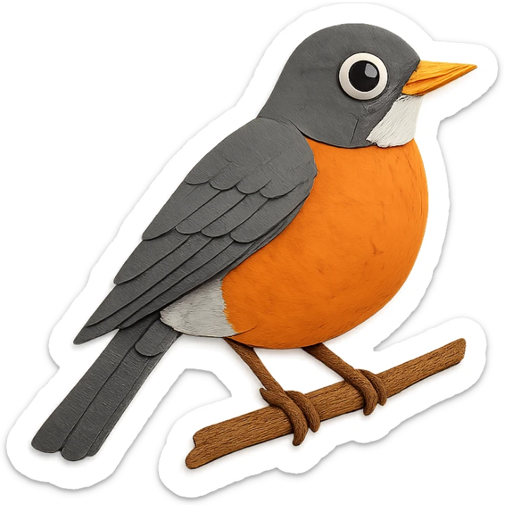 American Robin on a branch, layered paper details, bright orange breast, gray and white plumage, expressive eye sticker
