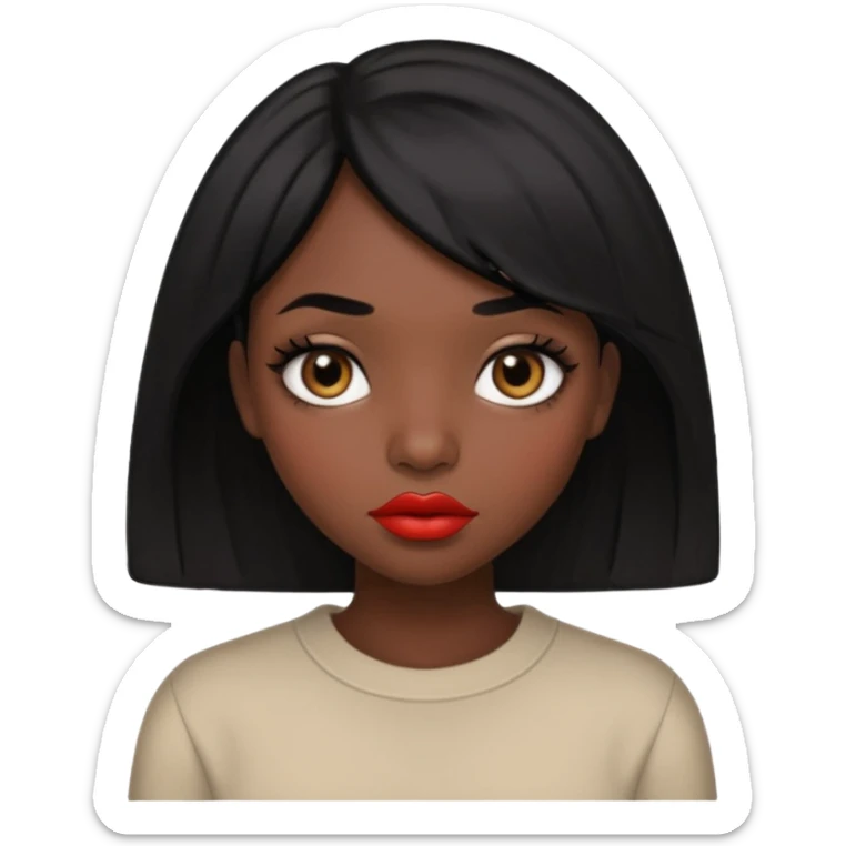 Dark skin gurl with black hair, big lips m, dark brown eye, octagon face shape and chinky eyes no red lipstick  sticker