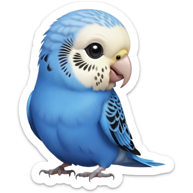 cinematic-cute-blue-budgie-portrait-emoji,-head-tilted-playfully-and-inquisitively,-featuring-a-brilliant-blue-feathered-fur-and white and black feathered face-with-a-natural-sheen,-round,-sparkling-dark-eyes-filled-with-curiosity,-simplified-yet-irresistibly-adorable sticker