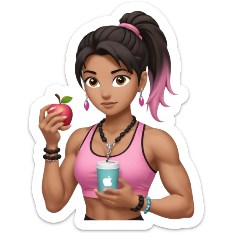 Caramel skinned toned female with a black messy ponytail for hair. Her eyes are a coffee color brown and almond shaped. She’s wearing a pink sports bra and showing off her big muscular toned biceps. She’s not holding anything in her hands but she wears a rosary necklace and an Apple Watch. sticker