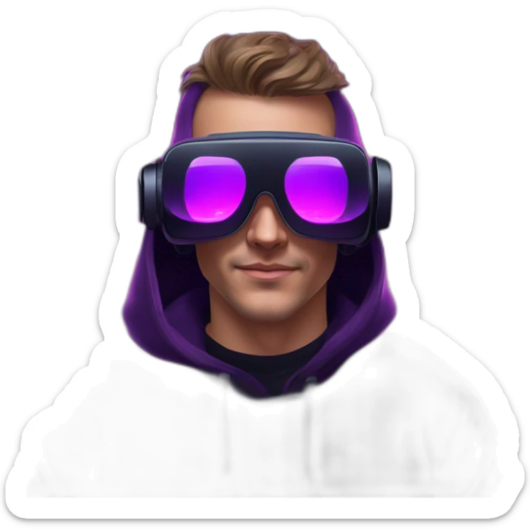 Russian man in the black hoody with violet OMG VR logo on it wearing vr headset oculus quest 2. Cyberpunk style. Violet neon. sticker