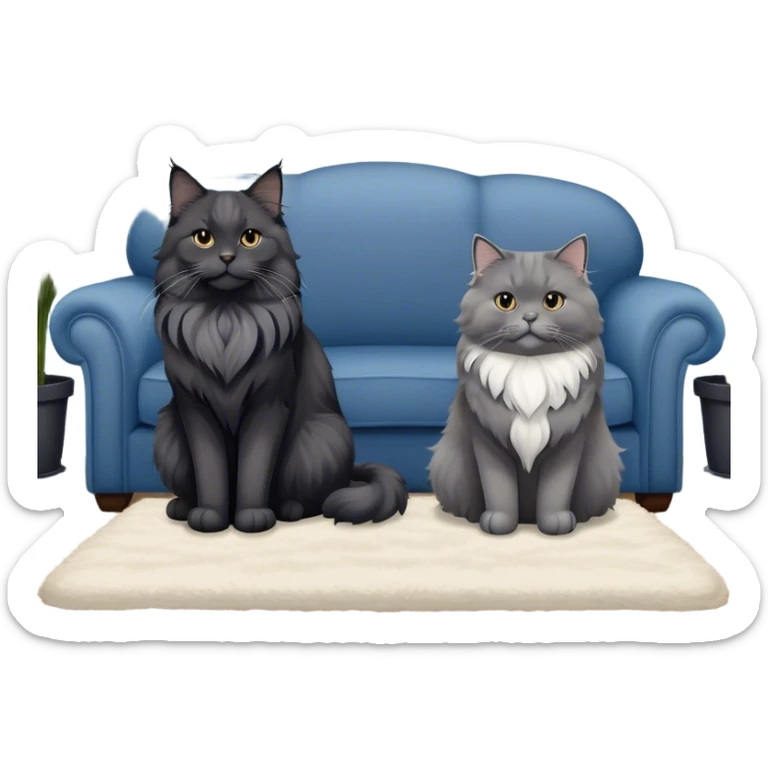 A large black smoke Maine Coon cat with long grey ear tufts and a fluffy grey ruff, sitting next to a chubby British Shorthair cat in blue color with plush fur, both sitting comfortably on a sofa. Beautiful room background with flowers and soft lighting. Transparent background. sticker