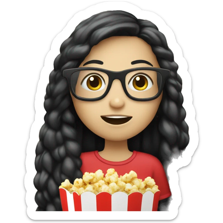 Pale girl with long black hair eating popcorn with 4D glasses sticker