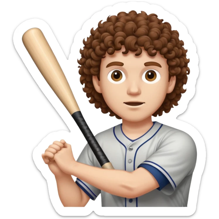 white guy with brown curly hair holding a baseball bat about to hit a coahc sticker