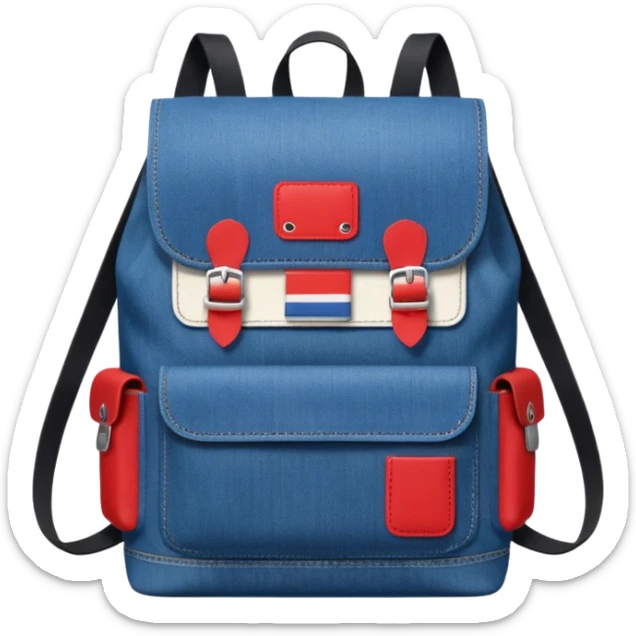 Minimalist emoji-style icon of a stylish blue denim backpack with a flap top, two vertical black buckle straps, a large red-white-navy horizontal block in the center, and two zipper side pockets. Inspired by Tommy Jeans design. Front view, cartoon-like, clean design.

 sticker