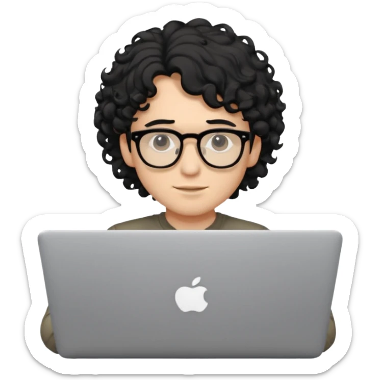 guy with wavy kinda curly black hair and light-to-medium skin tone like latino, half white and brown and glasses, with a macbook sticker