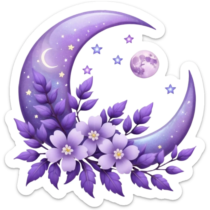 Beautiful poetic ethereal romantic magical aesthetic sparkly glittery shiny pretty floating pastel lilac lavender Violet moon and flowers and leaves aesthetic deco sticker