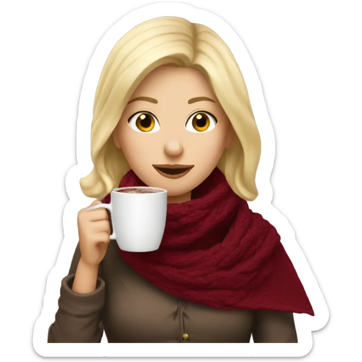 blonde girl drinking hot chocolate in burgundy scarf sticker