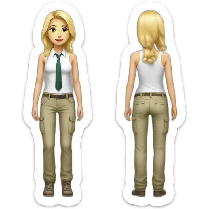 full body white blonde girl with cargo pants, white tank top and tie sticker