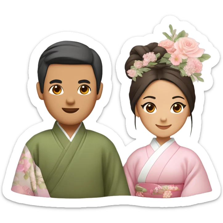 asian couple - man with center split slightly wavy hair wearing plain kimono with olive green inside and brown outside, woman with a low bun and flowers in her hair wearing light pink kimono with pastel florals of different colors sticker