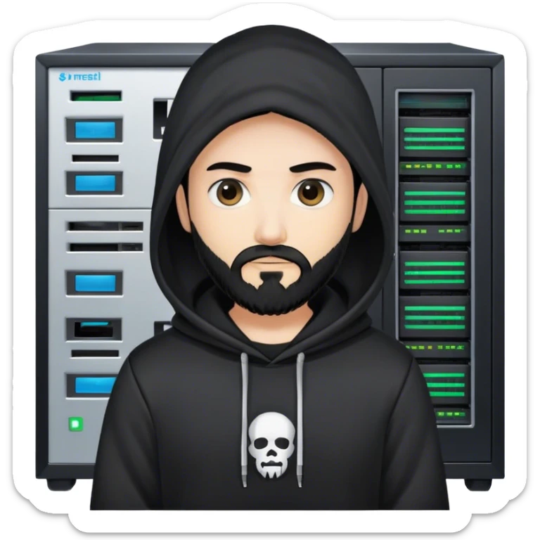 hackeur blanc cheveux noir barbe et capuche noir à côté d'un server ia sticker