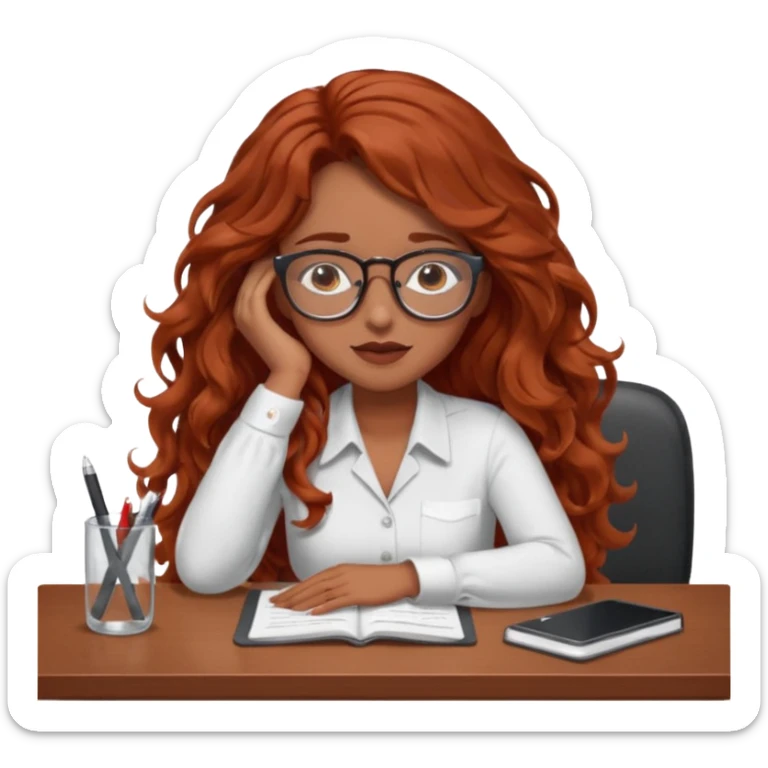 Pretty brown model, brown eyes, soft long red wavy hair, falling asleep at desk sticker