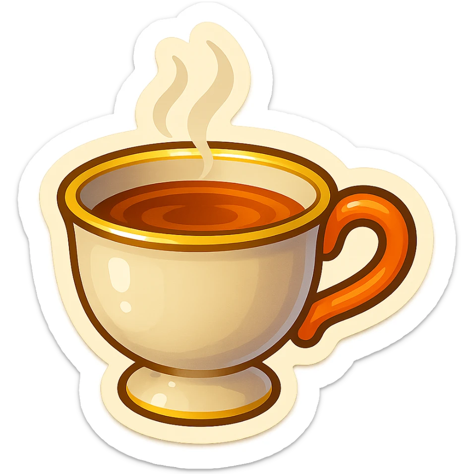 Hermès-style cup of tea, minimal design, Hermès orange handle, gold rim, cute emoji style, different lighting, on white or transparent background sticker