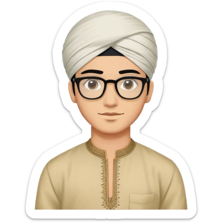 young man with wheatish skin tone, black hair, wearing kurta with rectangle glasses and traditional turban sticker
