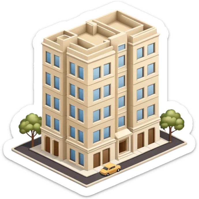 Upper East Side beige apartment building high-rise, isometric dollhouse-style, realistic sticker