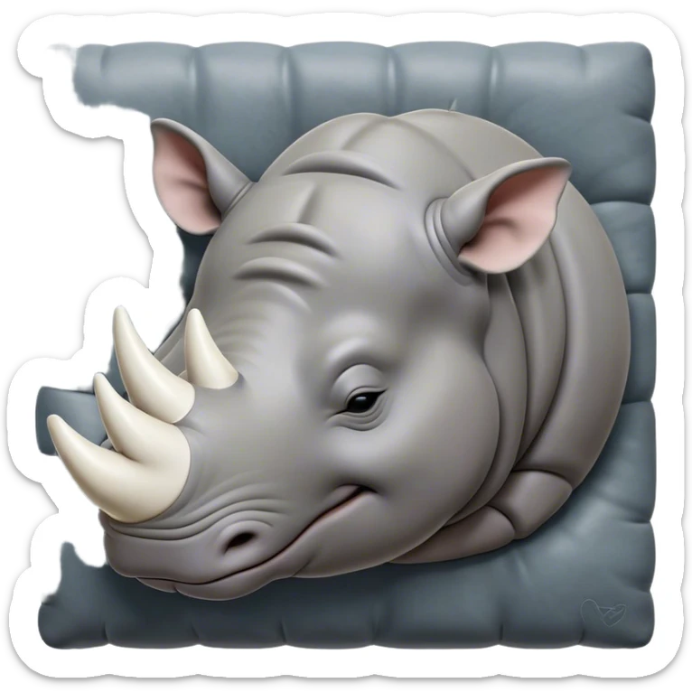 Meme-Worthy Cute Sleeping Rhinoceros Portrait Emoji, Head resting peacefully with a contented smile, showcasing a massive, robust build and a luxuriously soft slate-gray hide, accented by a gentle white horn, eyes shut in a serene, restful nap, Simplified yet hilariously adorable features, highly detailed, glowing with a soft, drowsy light, high shine, relaxed and utterly lovable, stylized with an air of playful laziness, bright and heartwarming, soft glowing outline, capturing the essence of a comically sleepy rhinoceros, so meme-worthy it feels like it could instantly become the next viral sensation of adorable slumber! sticker