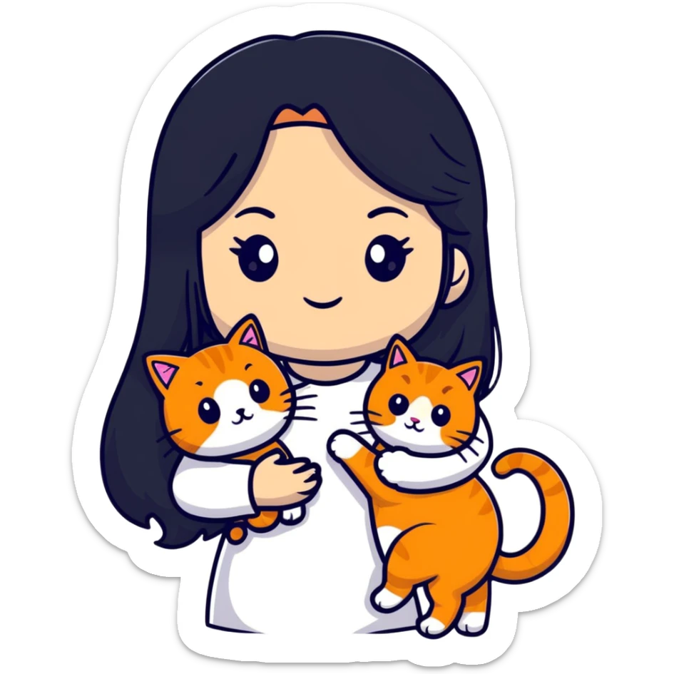 beautiful girl with elegant long black hair holding a cute ginger cat sticker