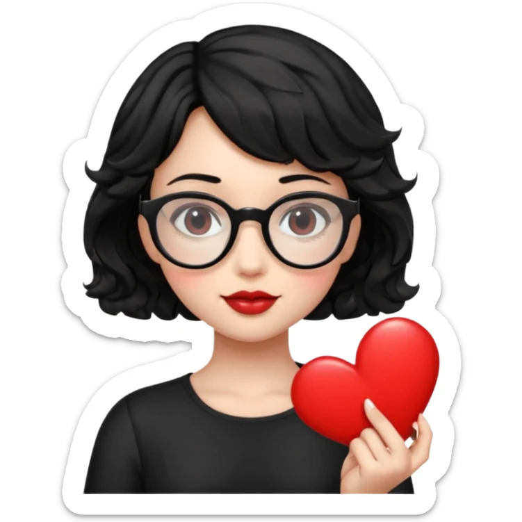 niña con pelo corto ondulado color negro con lentes negros y tenga un corazon en la mano sticker