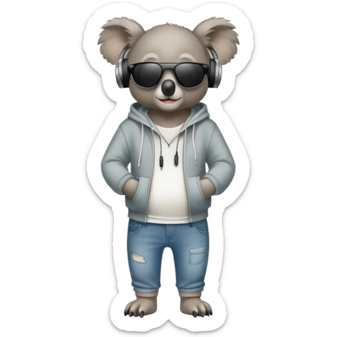 anthropomorphised koala full body wearing a hoodie and jeans dark sunglasses headphones sticker