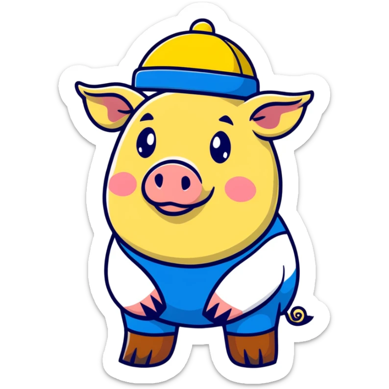 President Zelensky's head on a pig body wearing a yellow and blue hat sticker