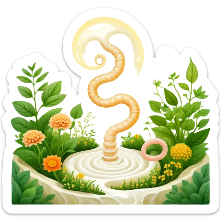 Magical garden with yogurt, kimchi, and kombucha appearing as glowing plants. A spiral intestine forms the center path, with golden beneficial bacteria floating like pollen and light seeds. The scene has an ethereal, dreamy quality representing the inner ecosystem. sticker