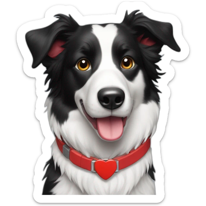 A black and white border collie with an skewed to the left white spot on his head and a red plaque on his collar chewing on iPad cord sticker