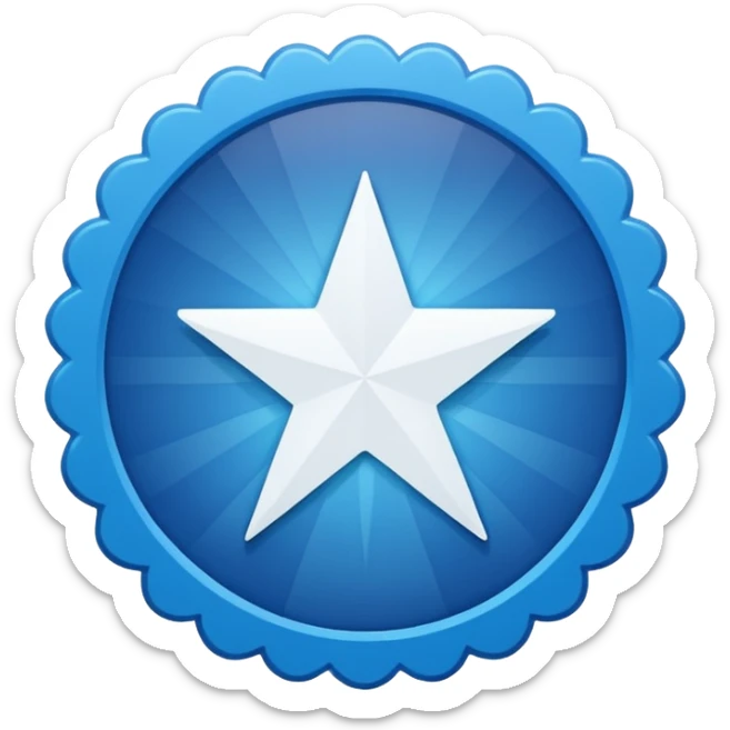 “An emoji-style image of a Facebook-like verified badge. It should be a bright blue, scalloped circle (starburst shape) with a white check mark in the center. The design should be clean, minimal, and modern, similar to official social media verification icons sticker