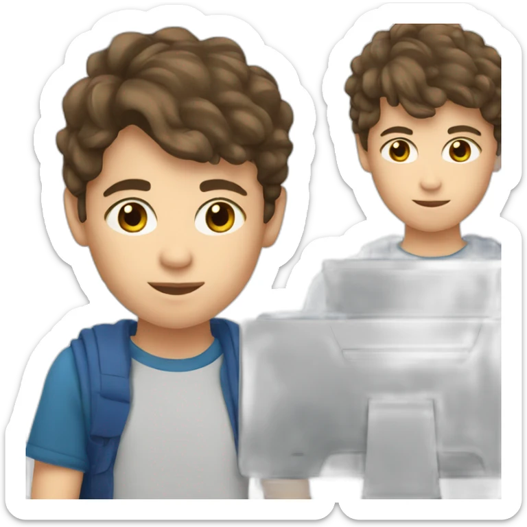 a 12-year-old boy with brown hair and gray eyes works at a PC sticker