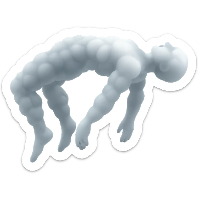 side view of unconscious person flying with torso upwards and legs and arms downwards, made of small very bright white fluffy convex clouds, matte glass style sticker