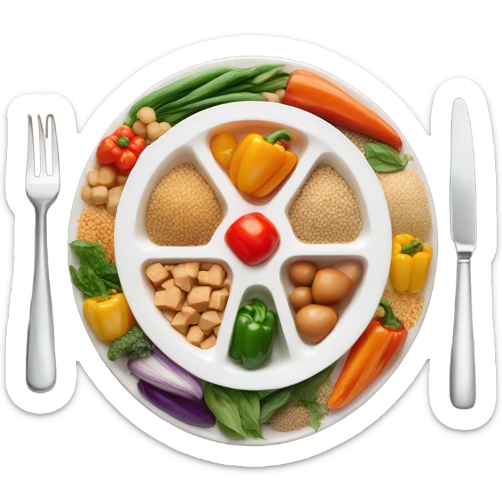 Look up on a large white round plate of healthy food sticker