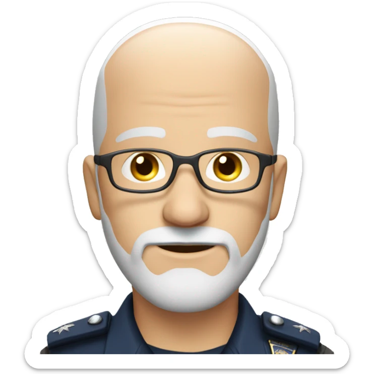 Bald Caucasian man with light gray beard in police uniform with a glasses sticker