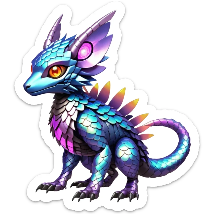  exotic futuristic warm-colored modern cyber-Fakémon-Digimon-Trico-creature sticker