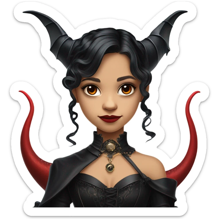 surprised Lavish Victorian black evening gown with gloves, Jenna Ortega as Addams girl Jedi wearing a steampunk mini tiara, very large blood red evil-looking horned dragon sticker