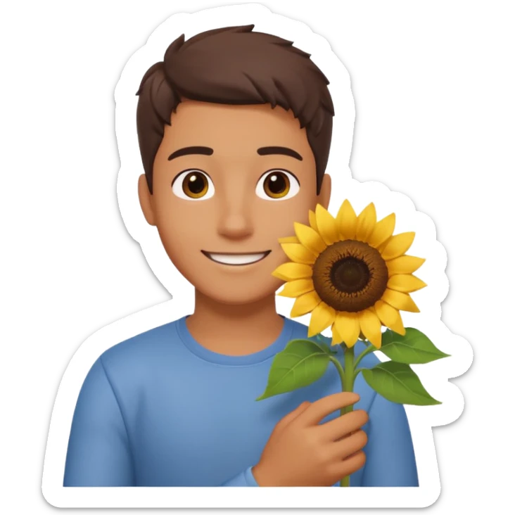 man holding a sunflower portrait, head and shoulders only, gentle smile, sunflower visible in hand, warm positive vibe, 3D cartoon style, mobile game icon style, clean background, no text, no watermark
 sticker